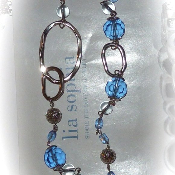 Lia Sophia Airess necklace, Silvertone chain blue crystals clear beads women’s - Picture 3 of 4
